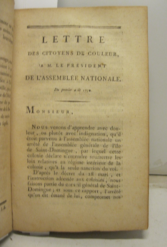 Lettre des citoyens de couleur a M. le president de l'Assemblée Nationale. Du premier aout 1790